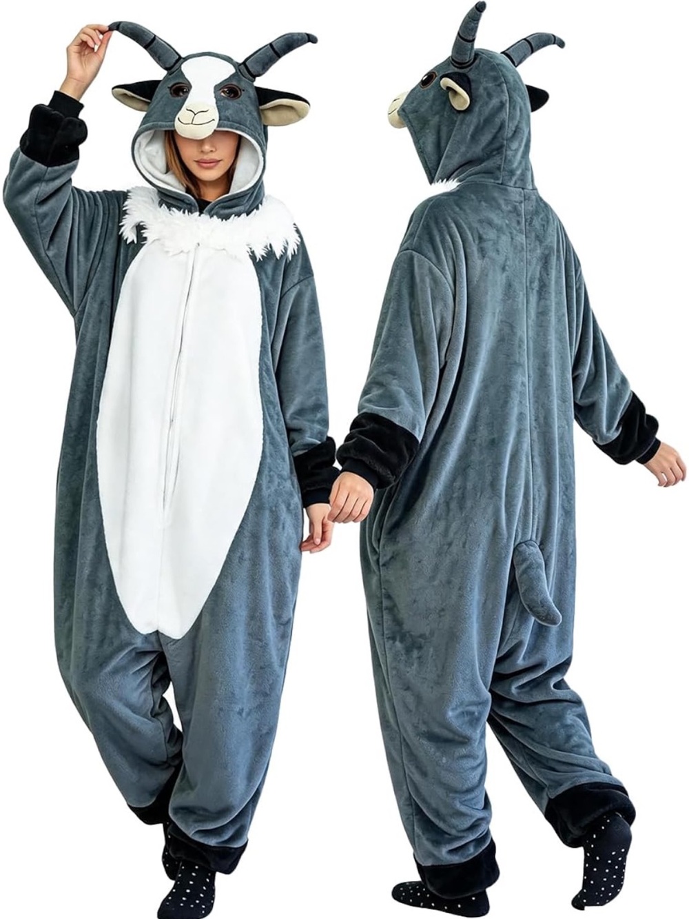 Plush Gray Goat Onesie Costume with Hood